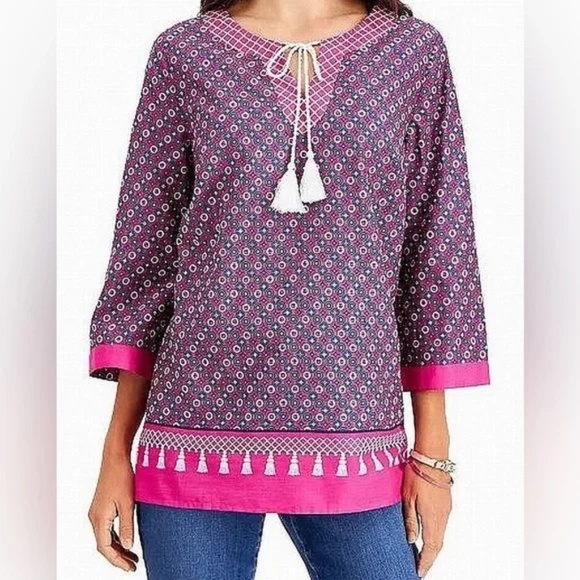 CHARTER CLUB Women's Boho 100% Cotton Tassel Tunic Pink/Berry Cool Top Size XL - Picture 1 of 16